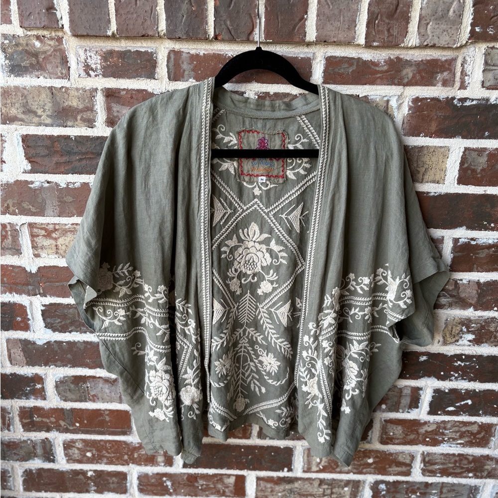 Johnny Was LA Tasya Bolero Olive Embroidered Linen Cropped Cardigan Size M - Picture 16 of 16